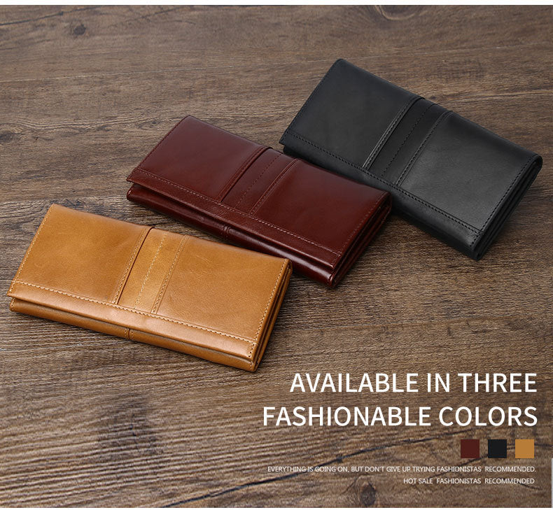 Luxury full-grain leather RFID wallet-vintage long bifold for men & women