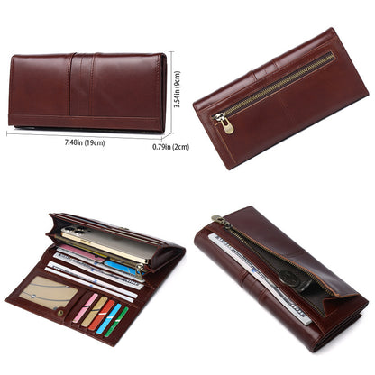 Luxury full-grain leather RFID wallet-vintage long bifold for men & women