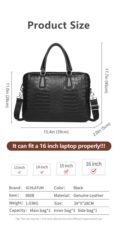 Luxury Crocodile-Embossed Leather Briefcase – Full-Grain, 16-Inch Executive Business Bag