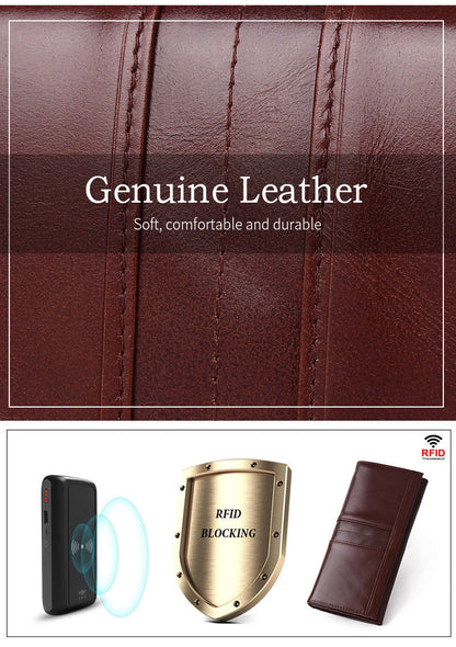 Luxury full-grain leather RFID wallet-vintage long bifold for men & women