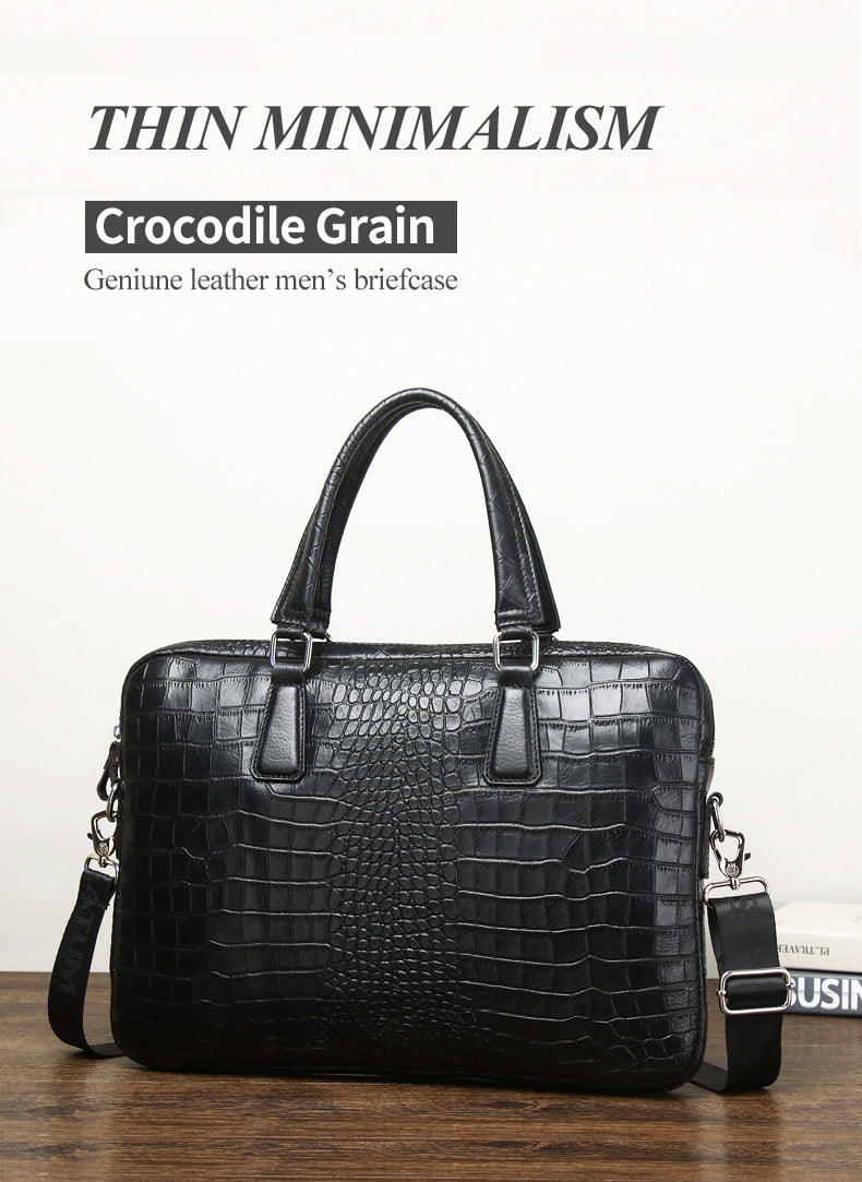 Luxury Crocodile-Embossed Leather Briefcase – Full-Grain, 16-Inch Executive Business Bag