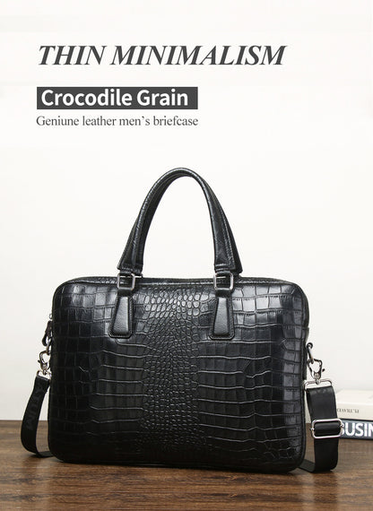 Luxury Crocodile-Embossed Leather Briefcase – Full-Grain, 16-Inch Executive Business Bag