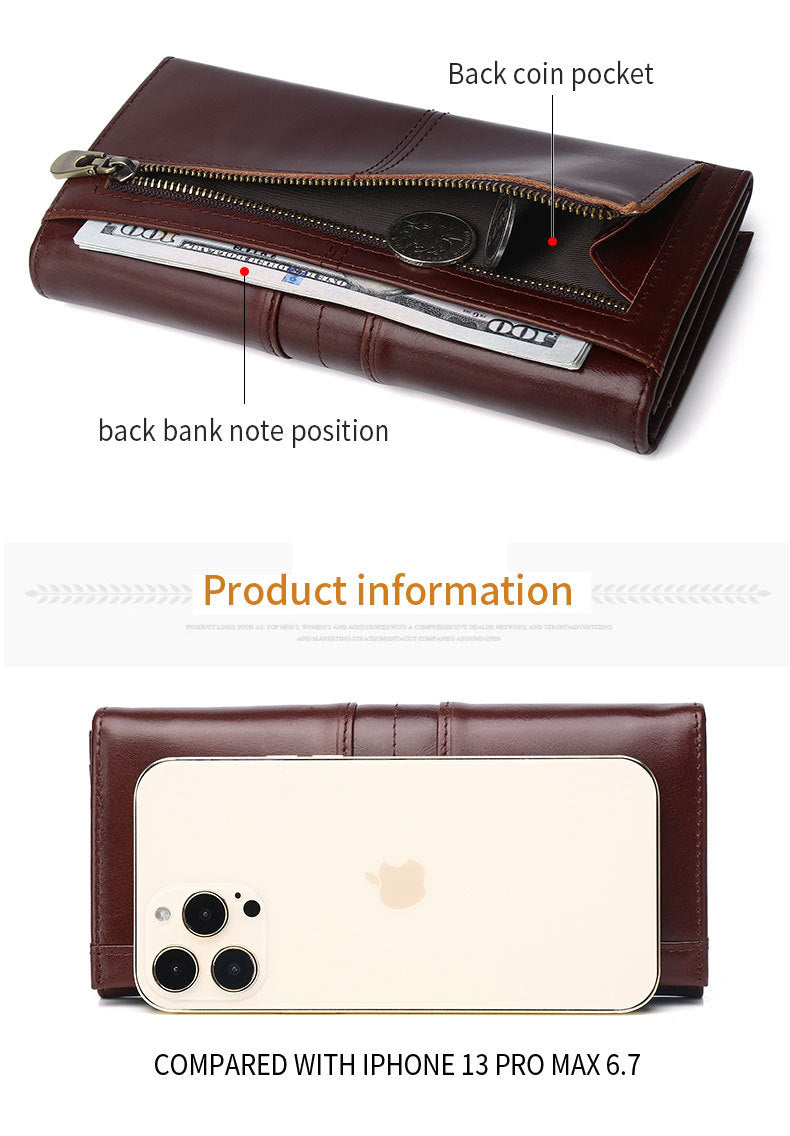 Luxury full-grain leather RFID wallet-vintage long bifold for men & women